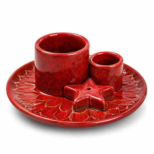 Red Ceramic Aromatherapy Candle & Incense Tray Set